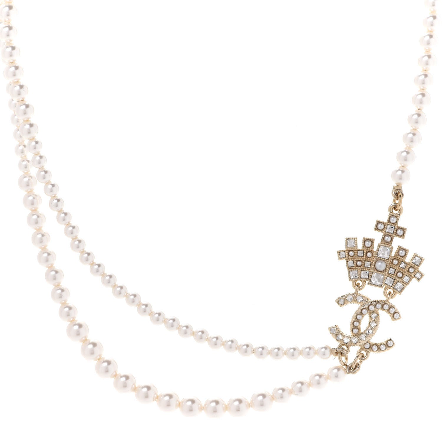 Chanel Pearl Crystal CC Crown Multi Strand Necklace Gold 1 of 6