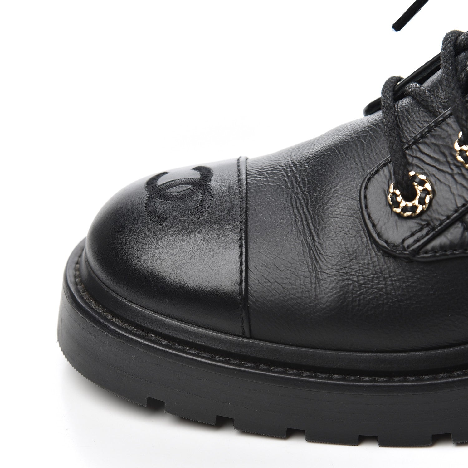 Chanel Shiny Goatskin Calfskin Quilted Lace Up Combat Boots 38.5 Black 9 of 14