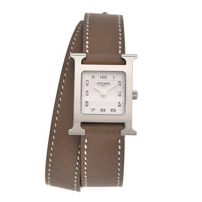 Hermes Stainless Steel Swift 21mm Heure H Hour Double Tour Quartz Watch Etoupe 1 of 5