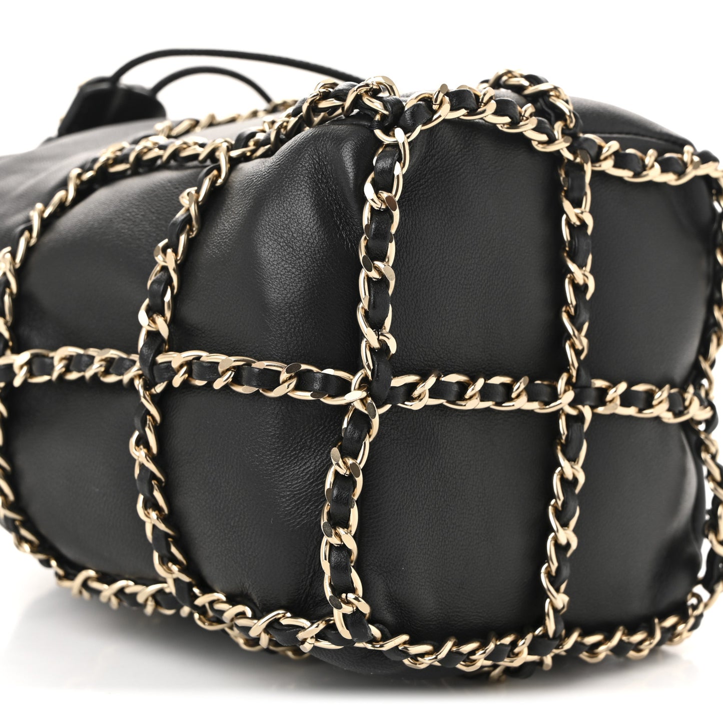 Lambskin Bucket Chain Drawstring Bag Black