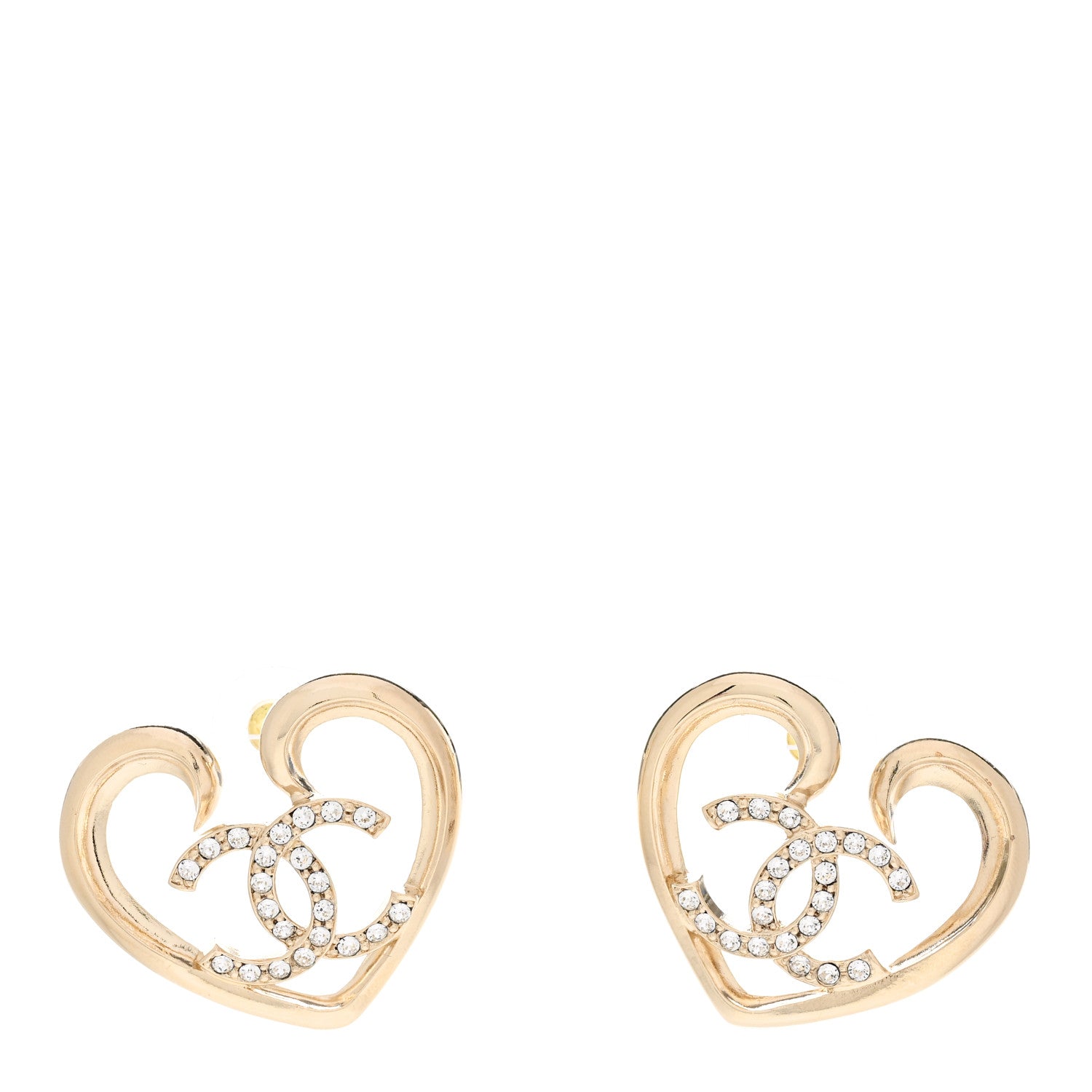 Chanel Metal Crystal CC Logo Open Heart Earrings Gold 1 of 5