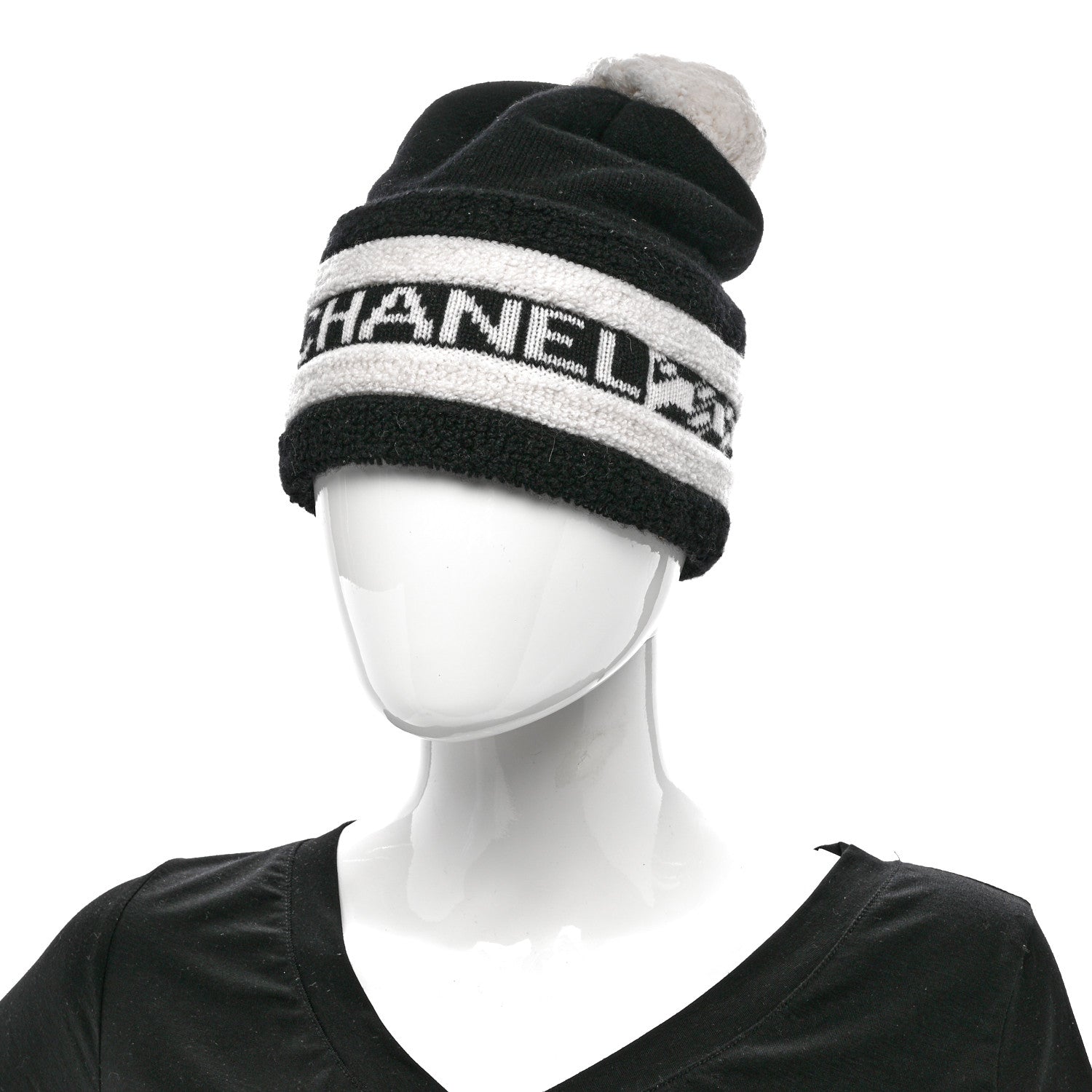 Chanel Cashmere CC Beanie Hat Ecru Black 2 of 5