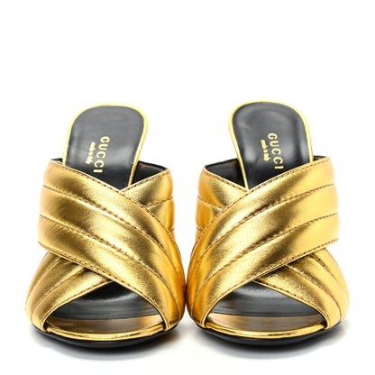 Gucci Metallic Nappa Webby Crossover High Heel Slide Sandals 35 Oro Vecchio 2 of 9