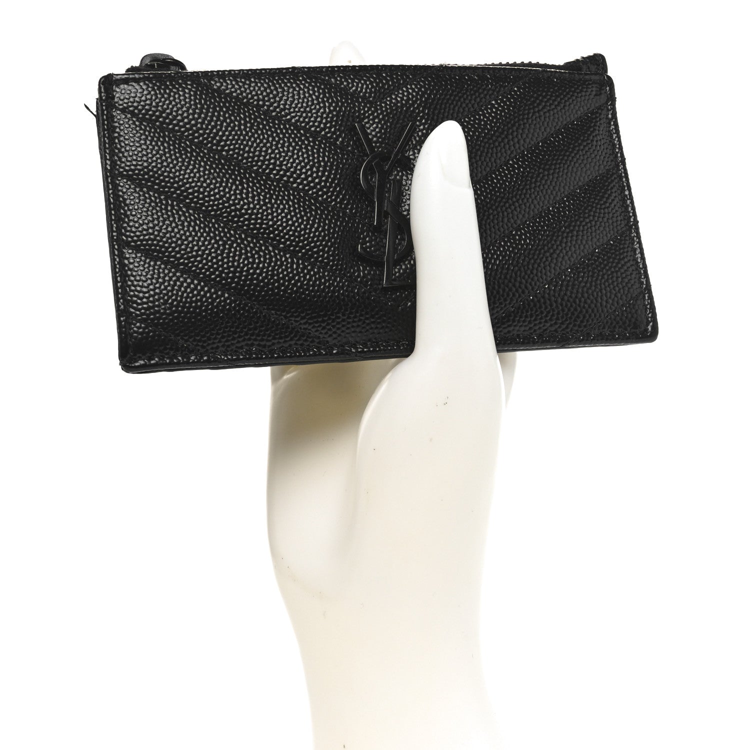 Saint Laurent Grain De Poudre Matelasse Chevron Monochrome Fragments Zippered Card Case Black 2 of 5
