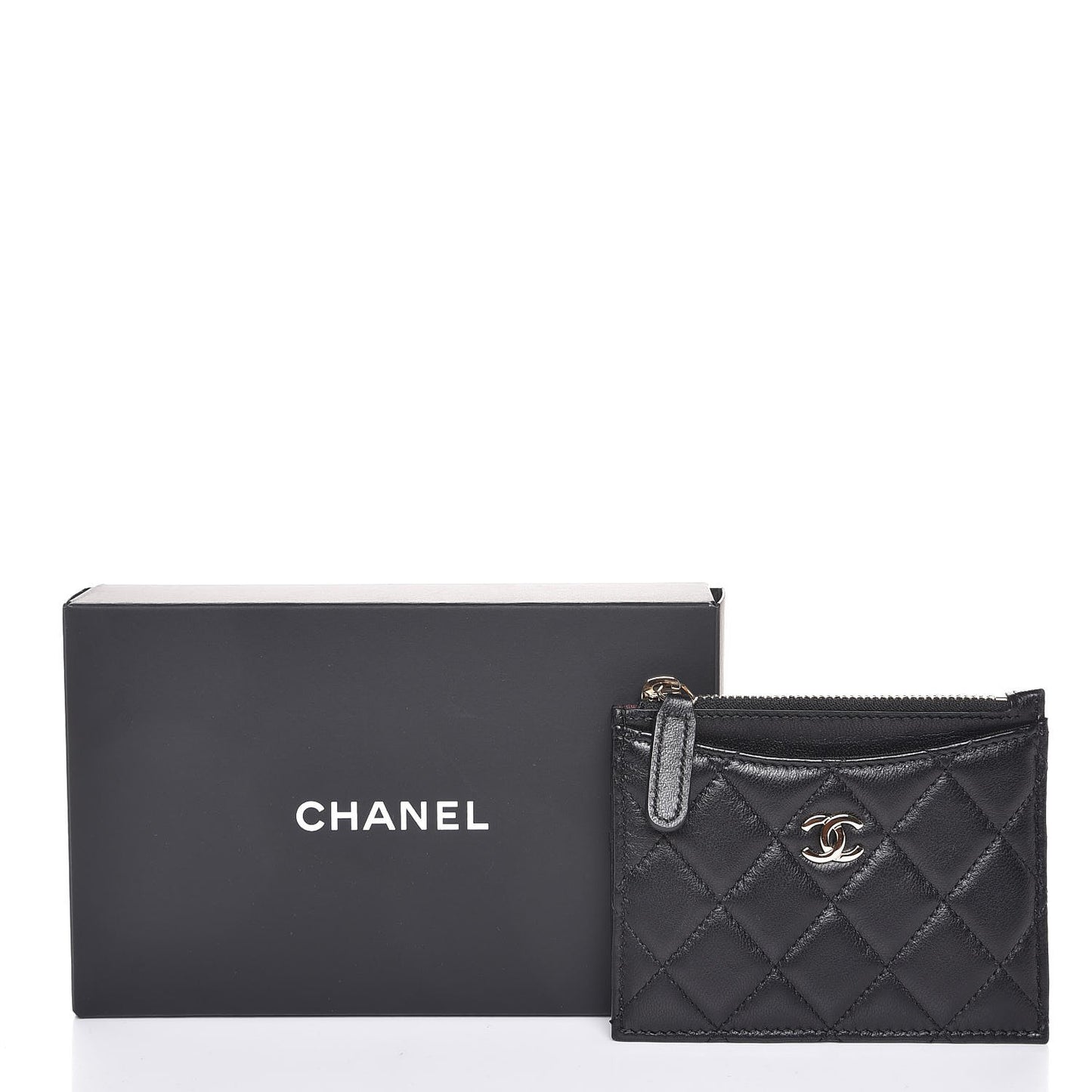 Lambskin Quilted Zip Card Holder Black