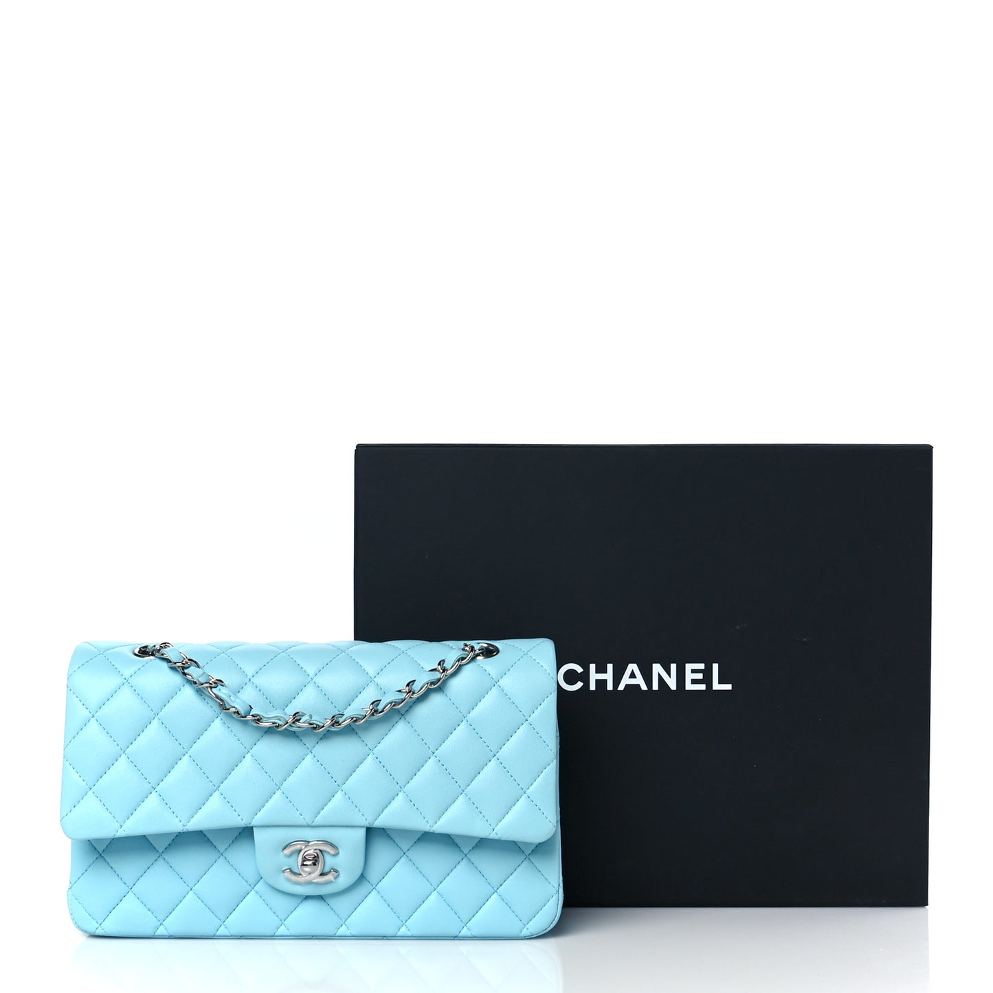 Lambskin Quilted Medium Double Flap Light Blue