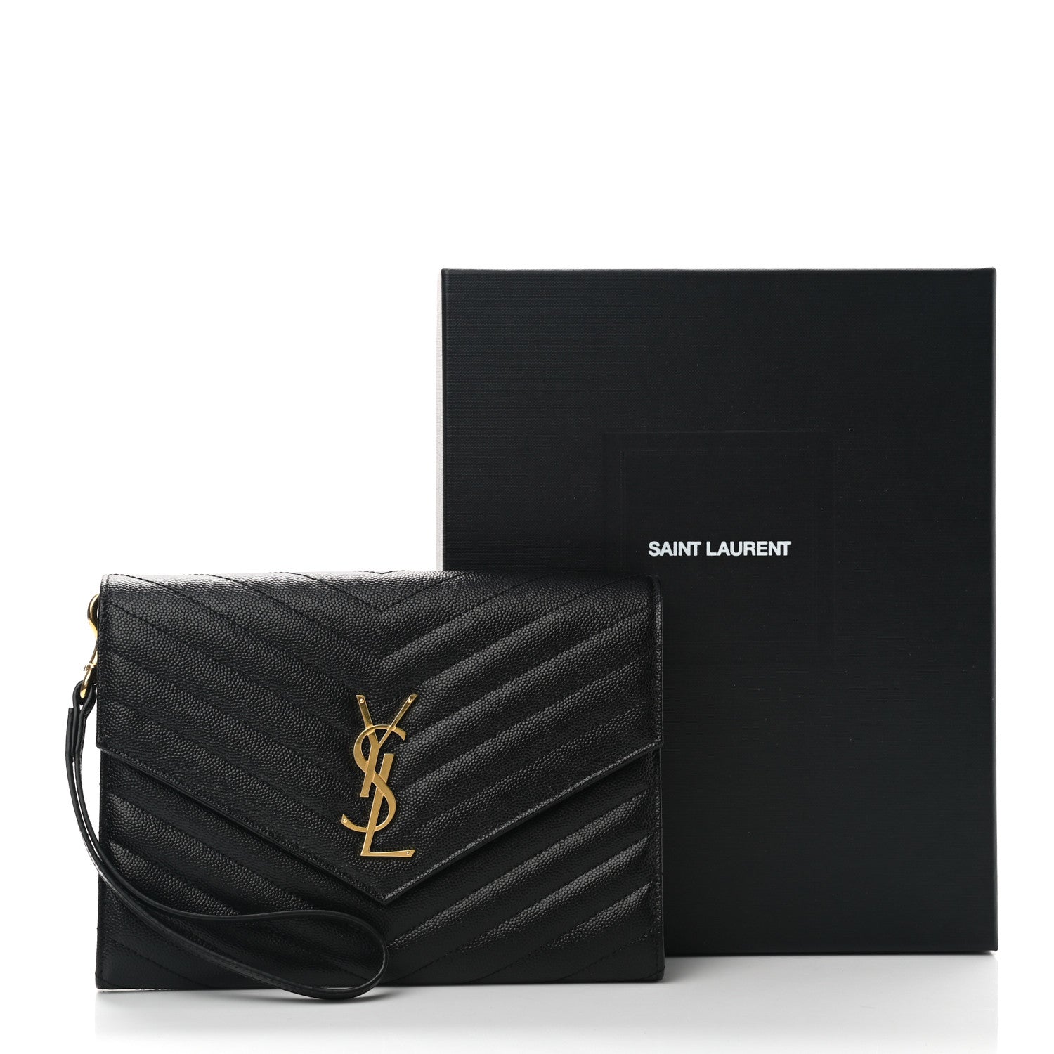 Saint Laurent Grain De Poudre Matelasse Chevron Monogram Envelope Clutch Black 10 of 10