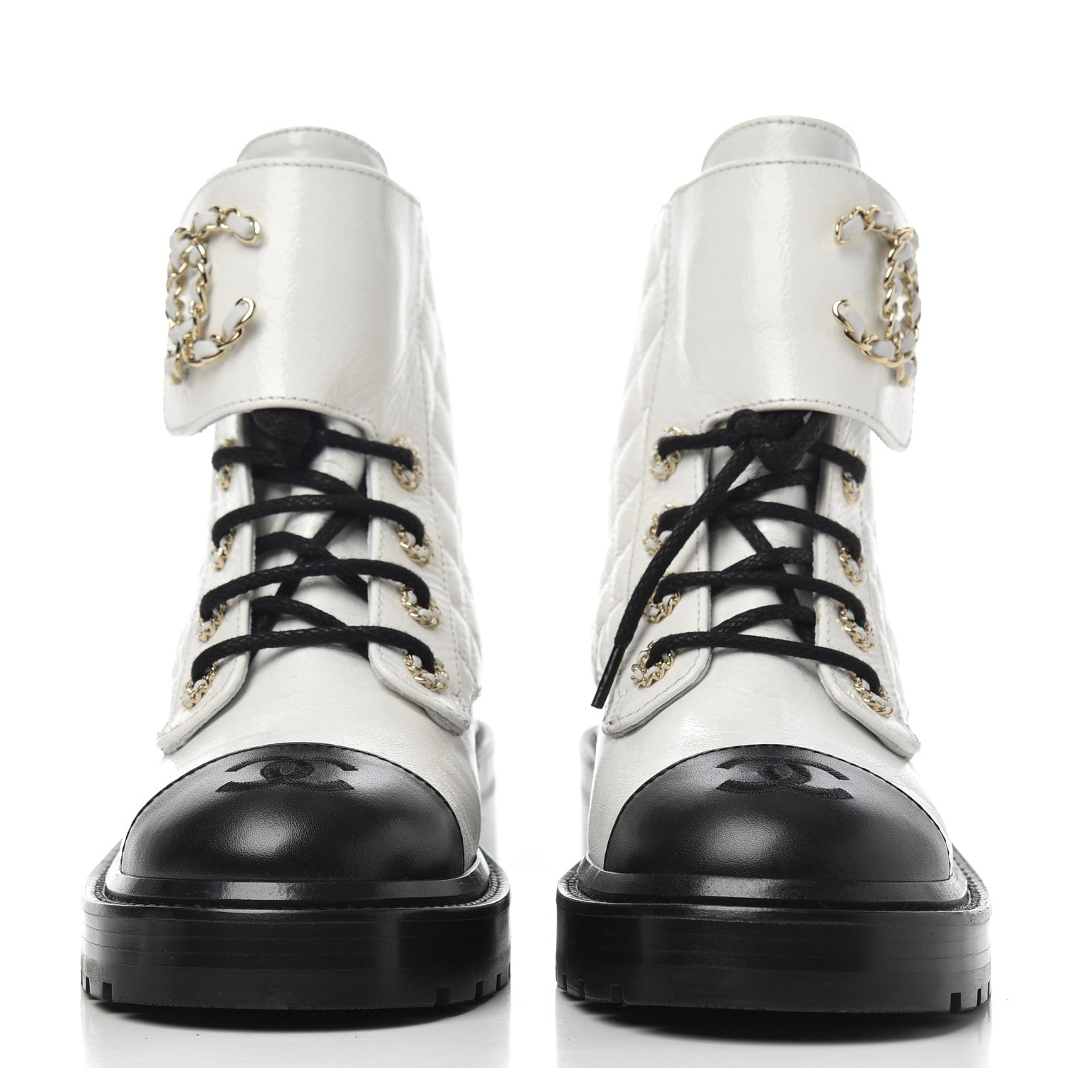 Chanel Shiny Goatskin Calfskin Quilted Lace Up Combat Boots 36 White Black 2 of 8