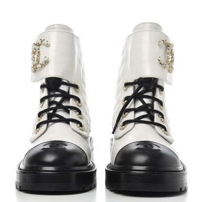 Chanel Shiny Goatskin Calfskin Quilted Lace Up Combat Boots 36 White Black 2 of 8
