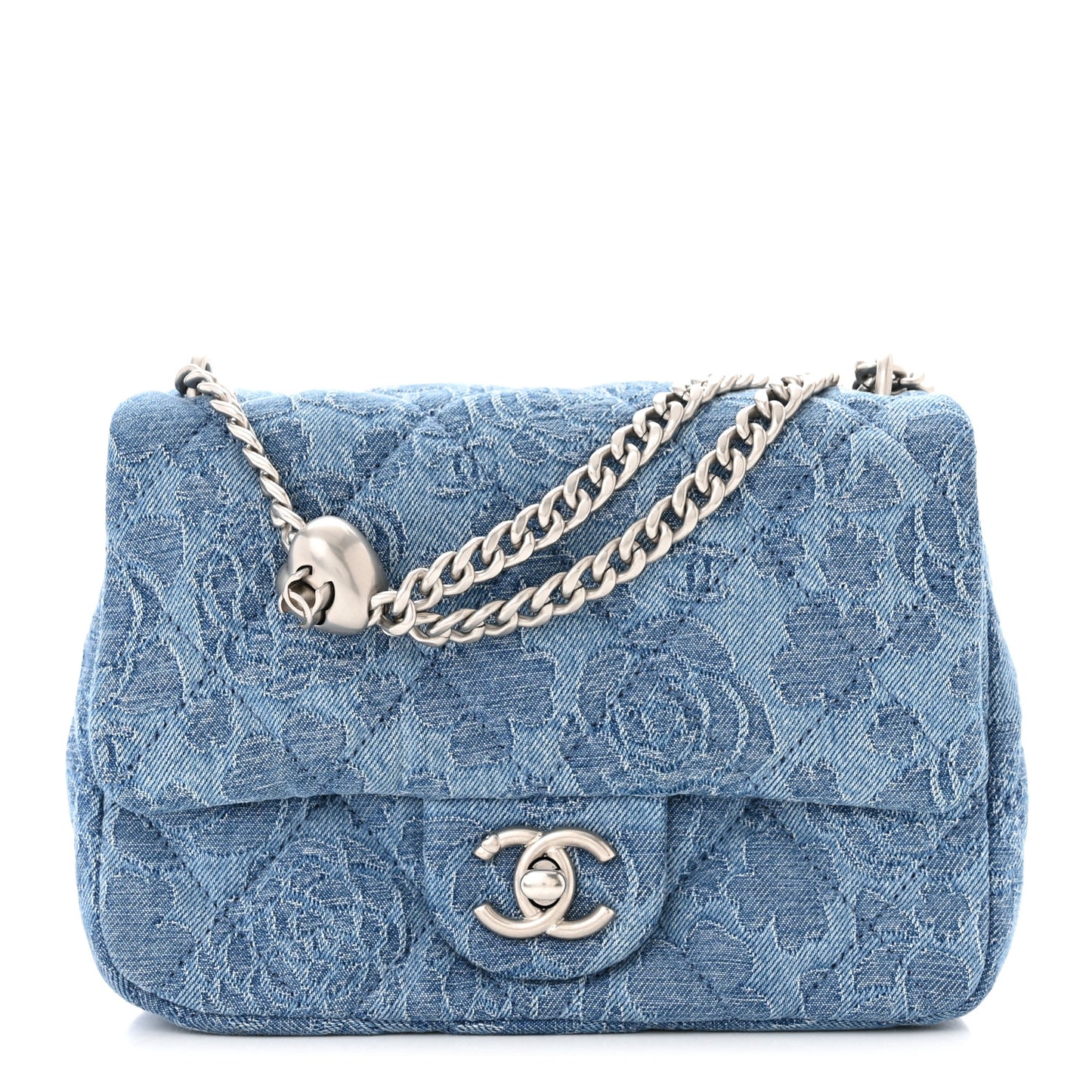 Denim Quilted Camellia Sweetheart Mini Flap Blue
