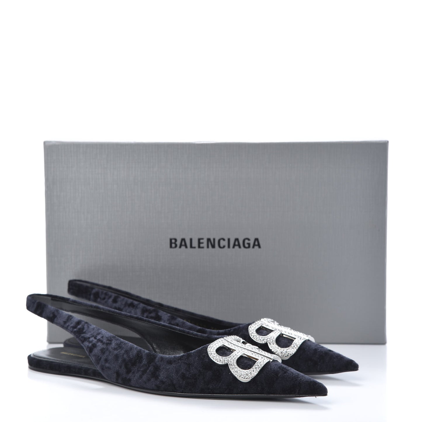 Velvet Crystal BB Knife Pointy Toe Slingback Flats 38.5 Black