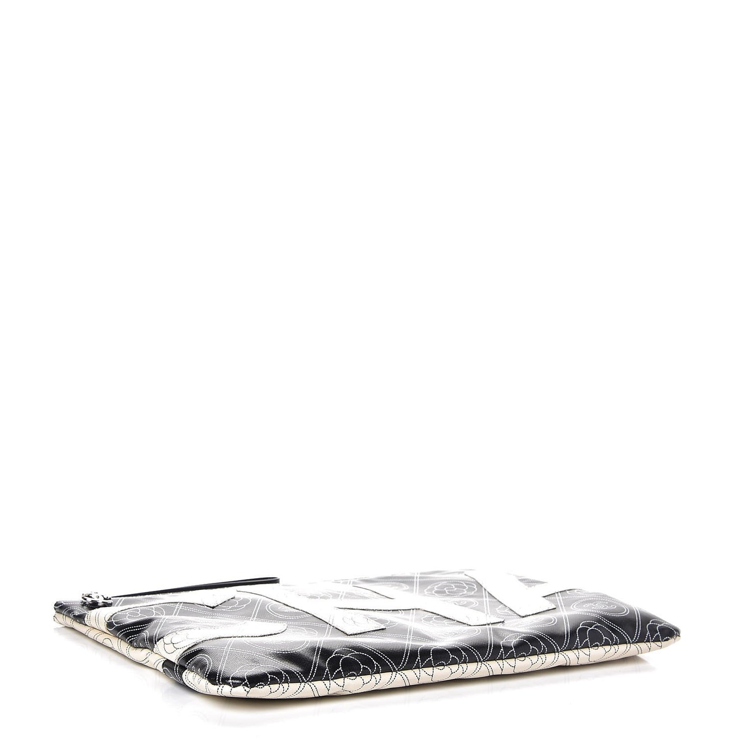 Coated Canvas Calfskin Camellia Printed Pouch Black Beige