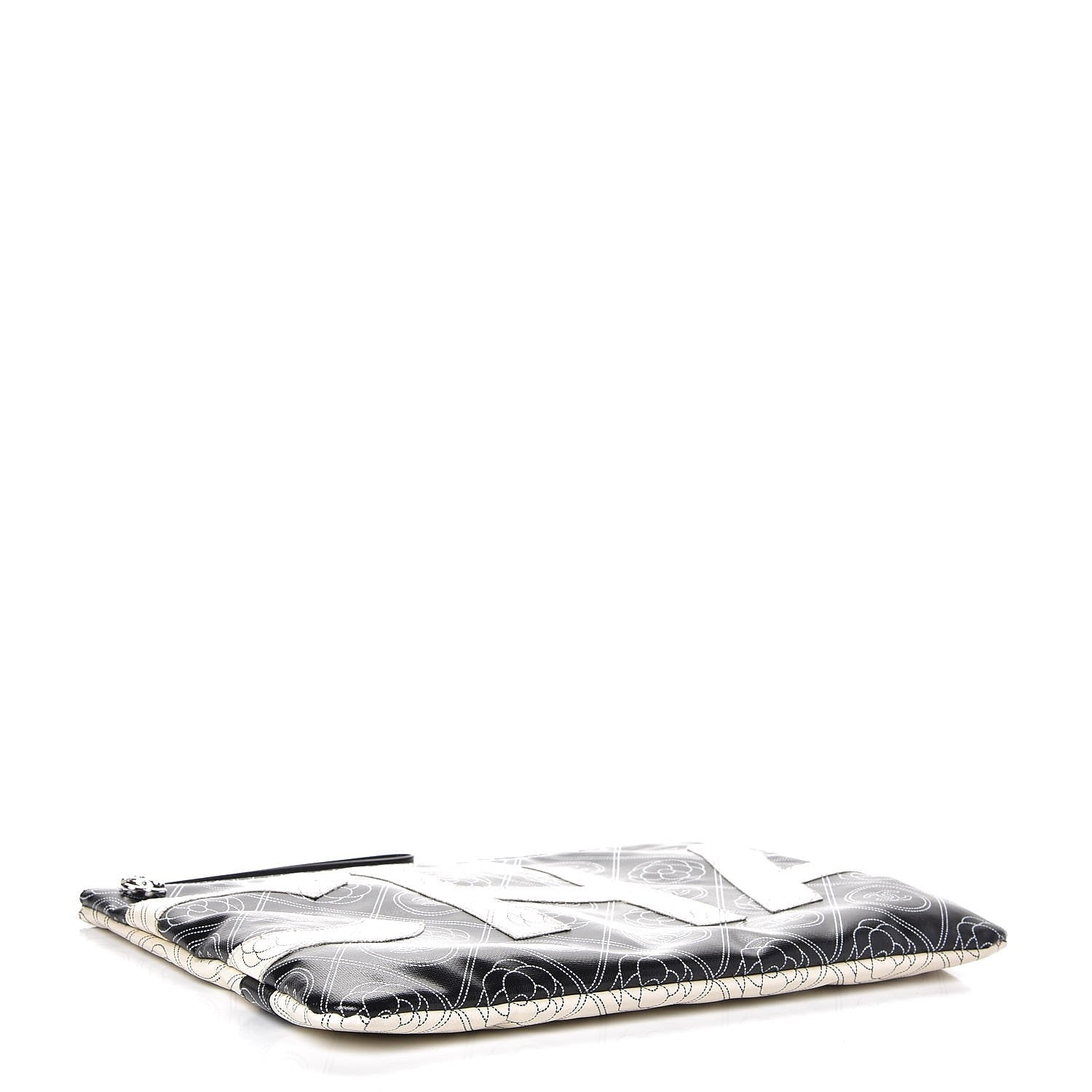 Chanel Coated Canvas Calfskin Camellia Printed Pouch Black Beige 4 of 9