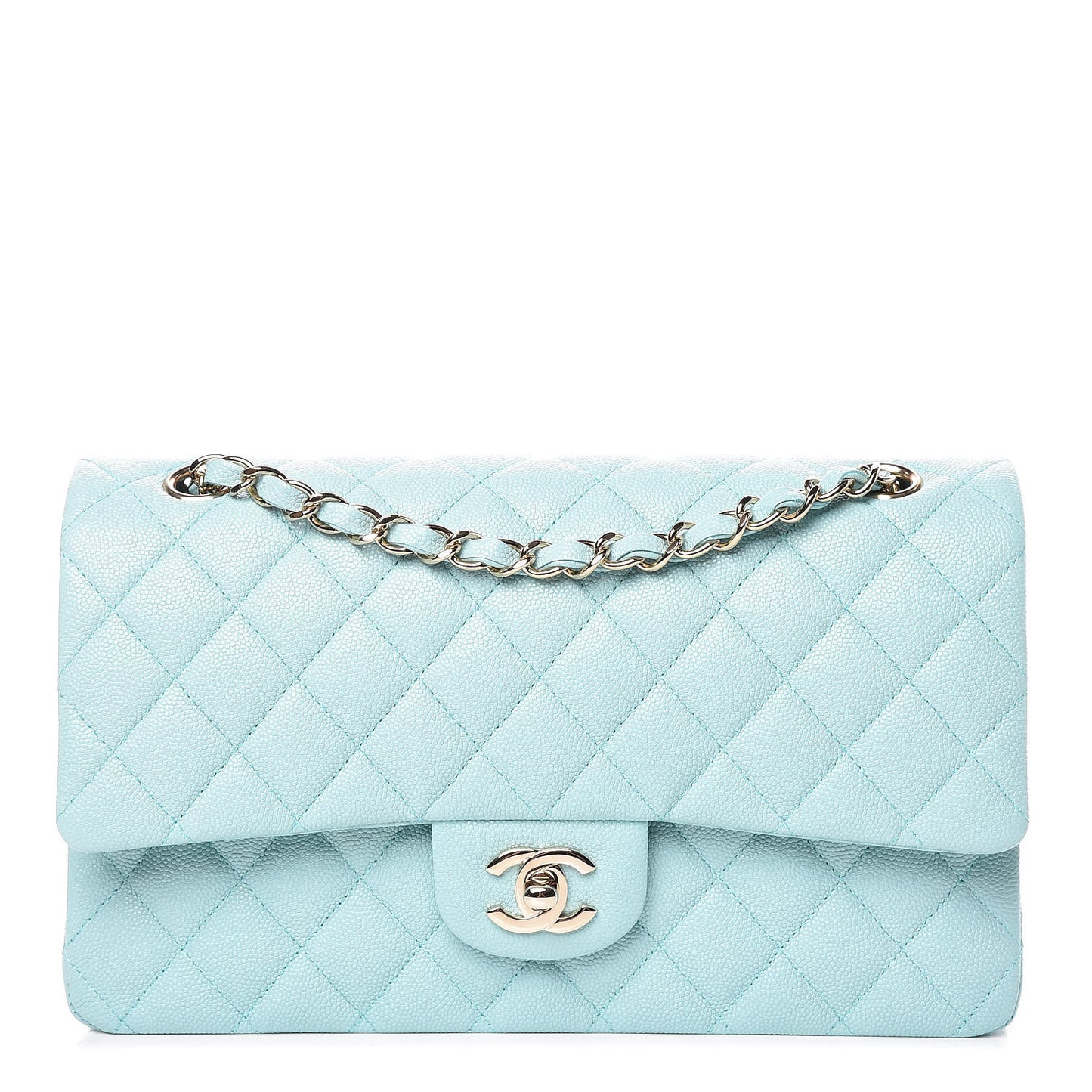Caviar Quilted Medium Double Flap Light Blue