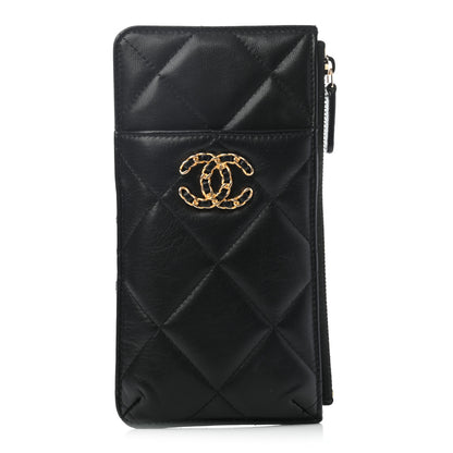 Chanel Shiny Goatskin Quilted Chanel 19 Flat Wallet Pouch Black 1 of 7