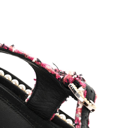 Chanel Tweed Pearl Flat Sandals 37.5 Red Black 10 of 10