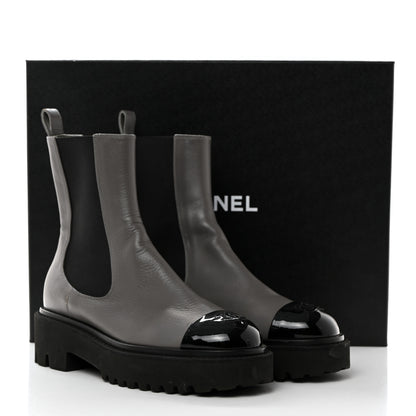 Chanel Crumpled Calfskin Patent Cap Toe Short Boots 38 Dark Grey Black 9 of 9
