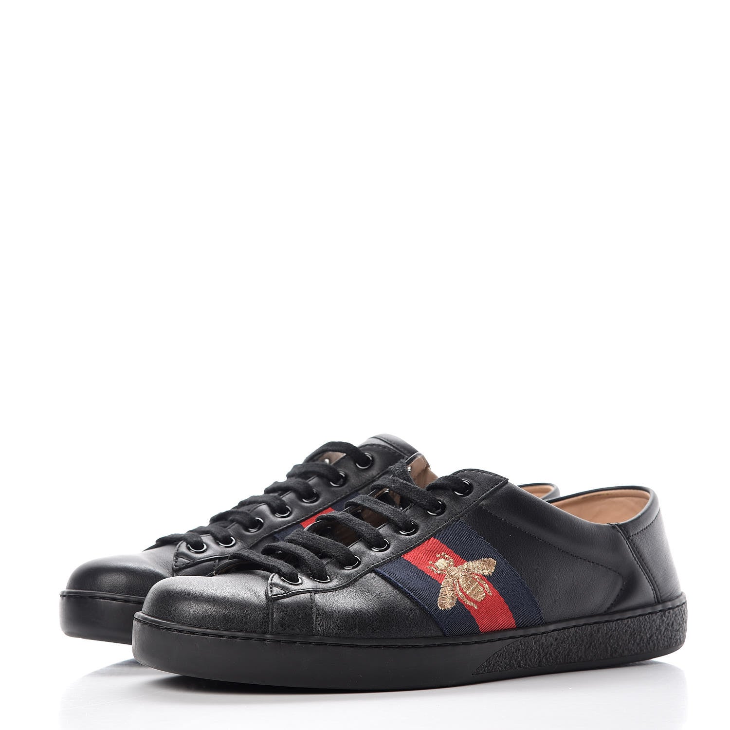 Gucci Calfskin Web Bee Embroidered Mens Ace Sneakers 7.5 Black 3 of 12