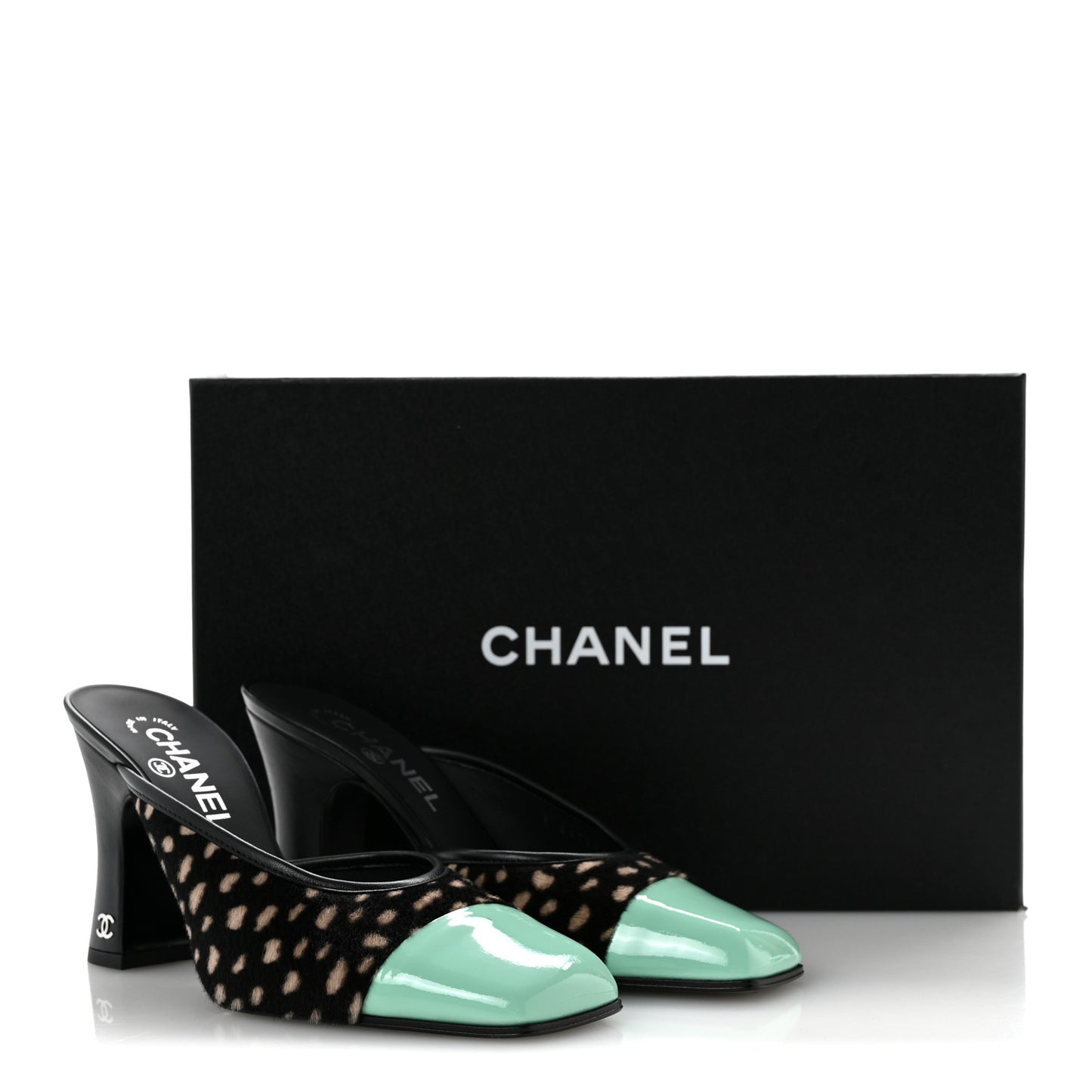 Pony Hair Lambskin Patent Cap Toe Mules 37 Black White Green