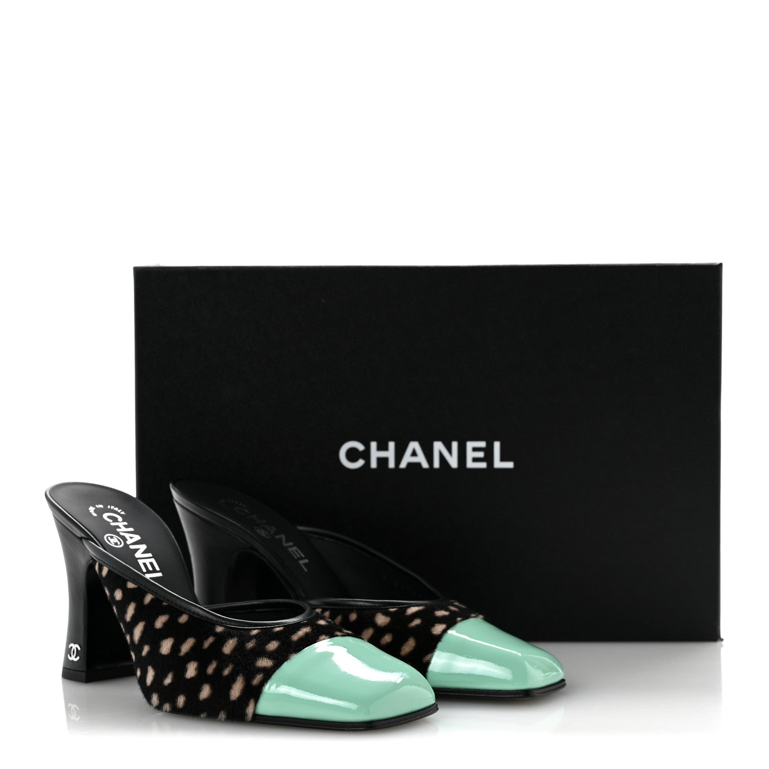 Chanel Pony Hair Lambskin Patent Cap Toe Mules 37 Black White Green 10 of 10