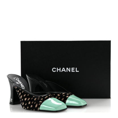 Chanel Pony Hair Lambskin Patent Cap Toe Mules 37 Black White Green 10 of 10