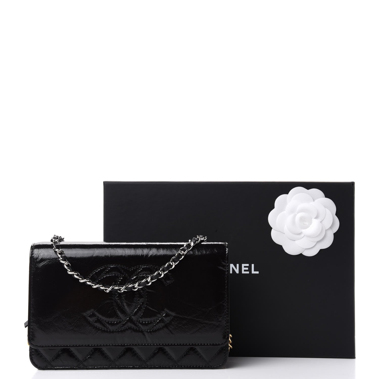 Chanel Shiny Aged Calfskin Quilted CC Wallet On Chain WOC Black 8 of 8