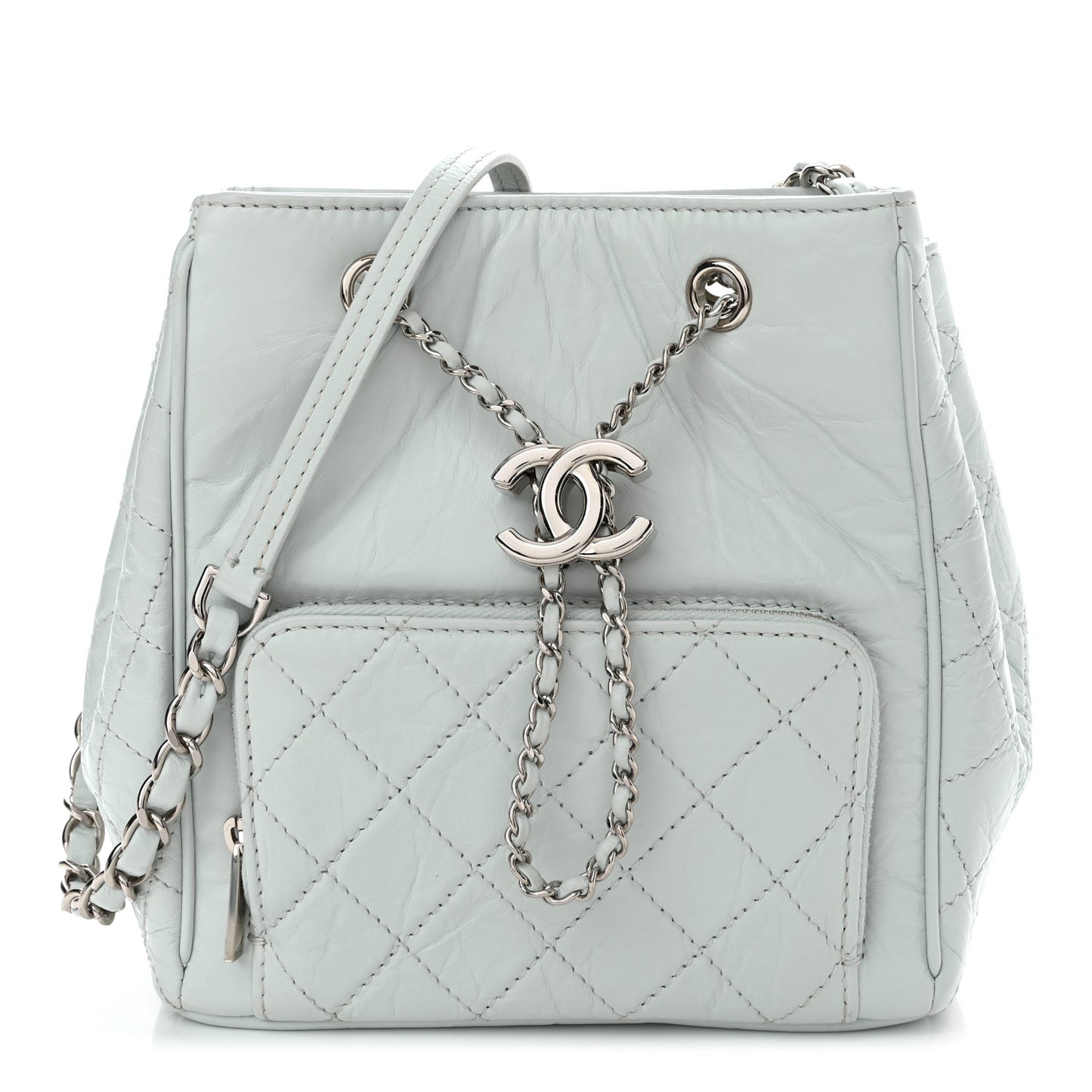 Aged Calfskin Quilted Small Drawstring Bag Blue