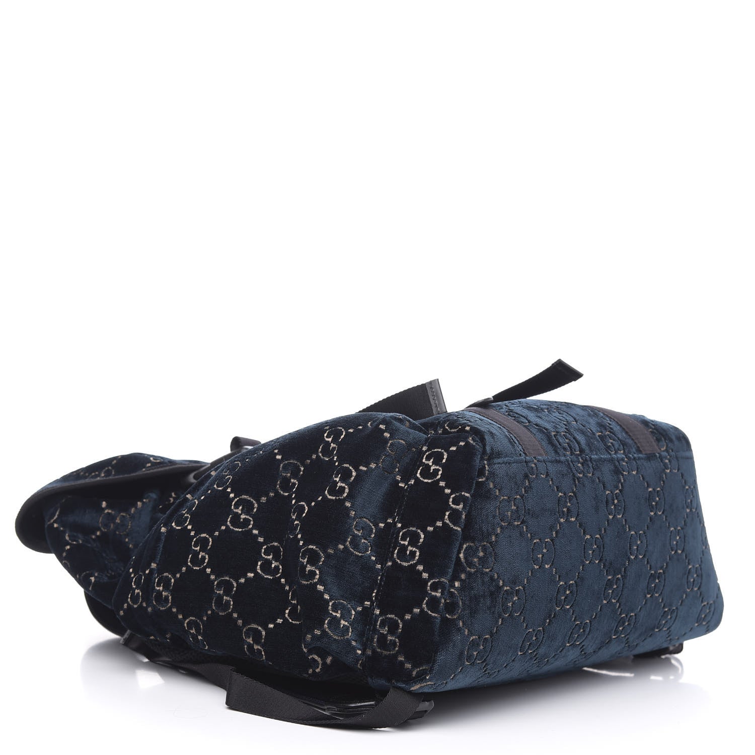 Gucci Velvet GG Monogram Web Medium Double Buckle Backpack Blue Beige Black 3 of 11