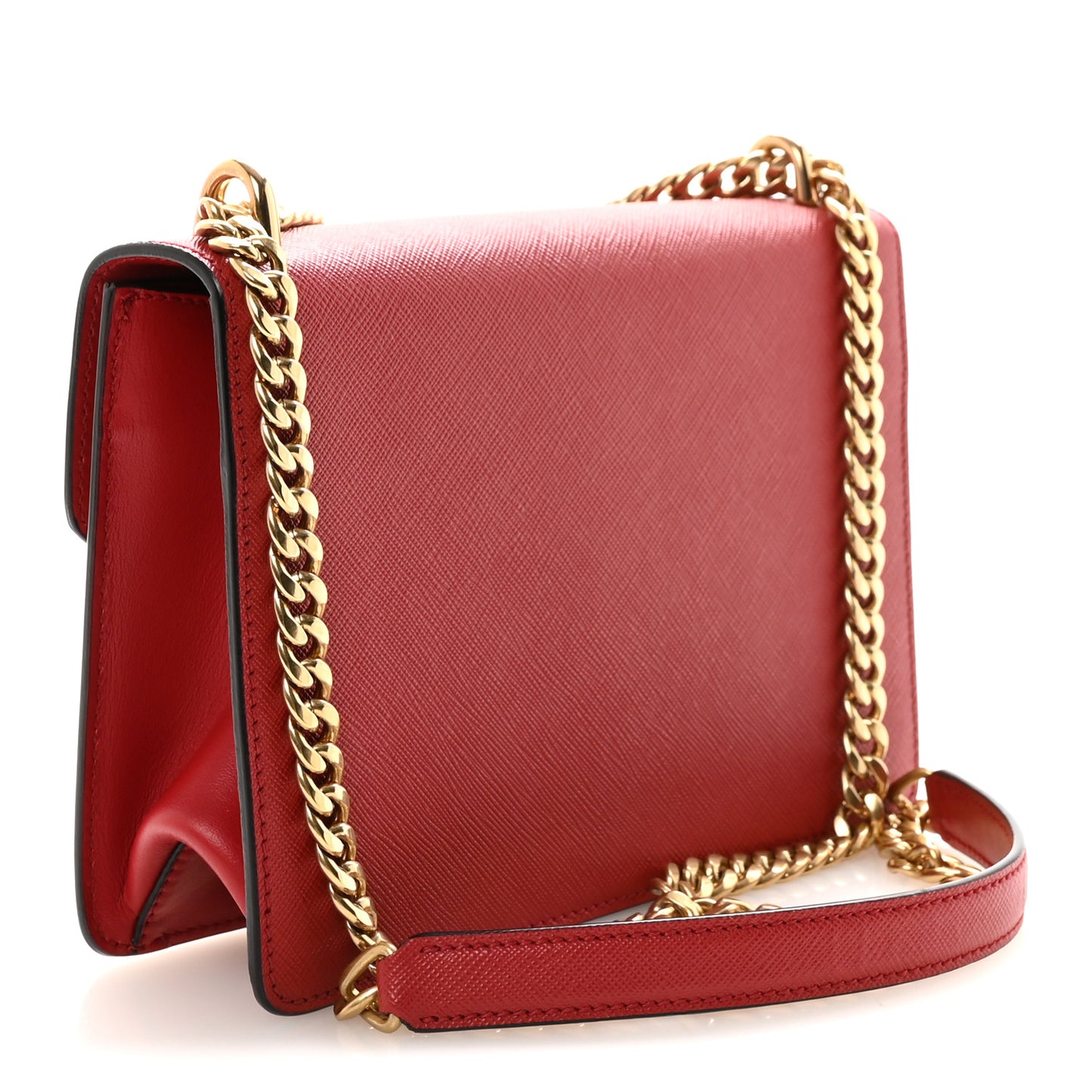 Saffiano Soft Calfskin Metal Triangle Logo Envelope Chain Shoulder Bag Fuoco
