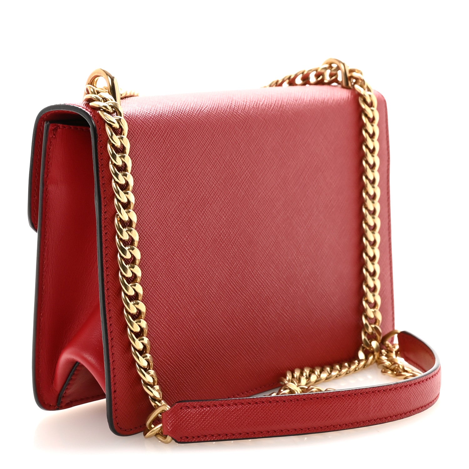 Prada Saffiano Soft Calfskin Metal Triangle Logo Envelope Chain Shoulder Bag Fuoco 3 of 9