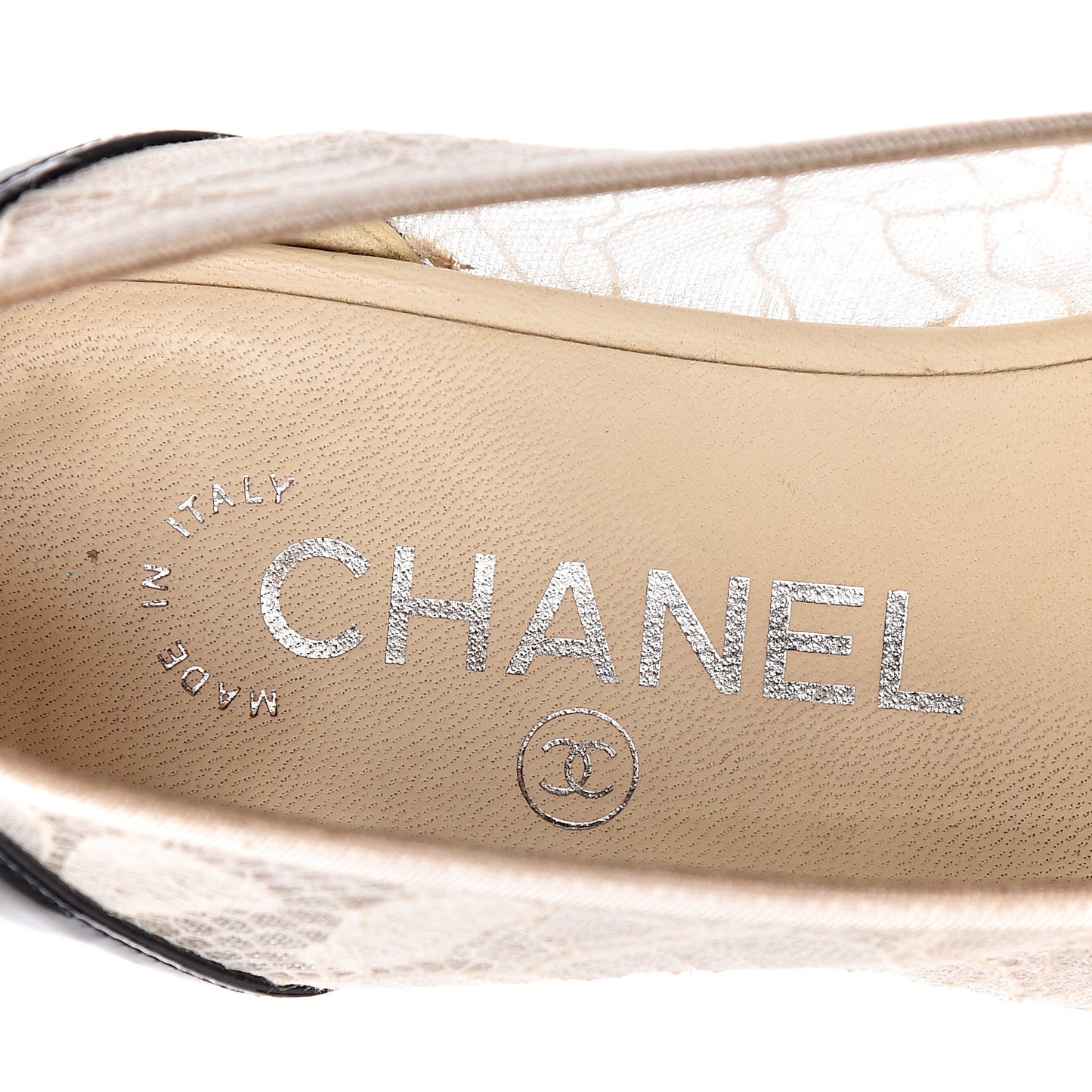 Lace Patent Calfskin Cap Toe CC Ballerina Flats 36.5 Off White Black