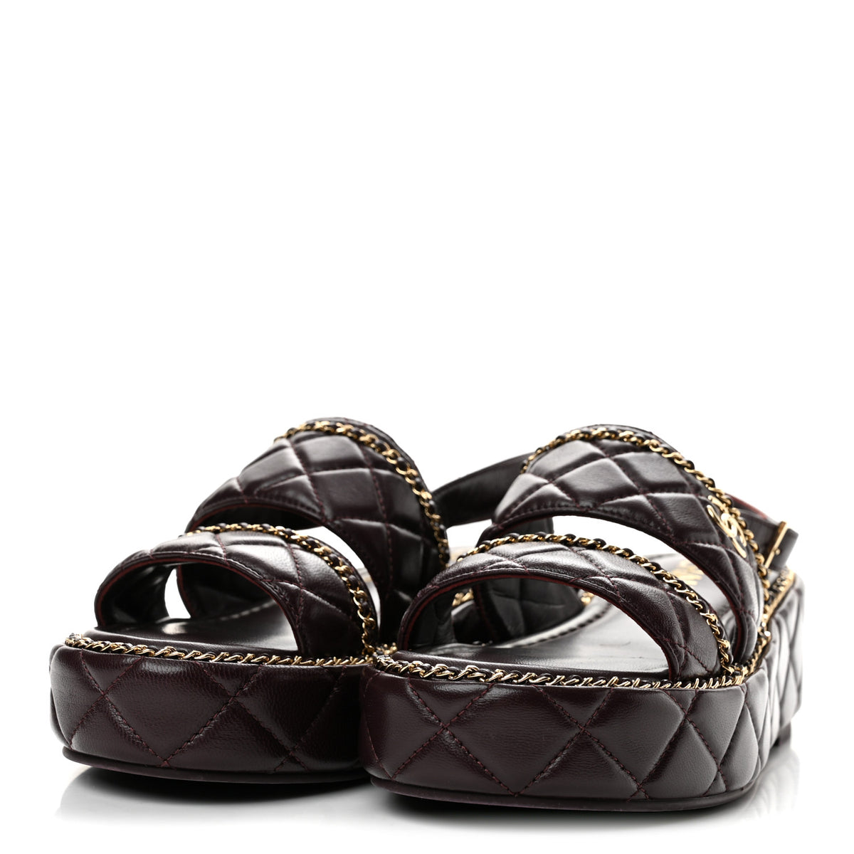 Shiny Lambskin Quilted Chain Around CC Platform Sandals 36 Burgundy