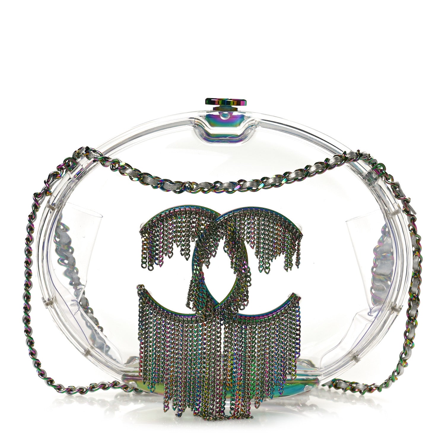 Chanel Plexiglass Iridescent Chain Fringe CC Clutch Clear 1 of 9