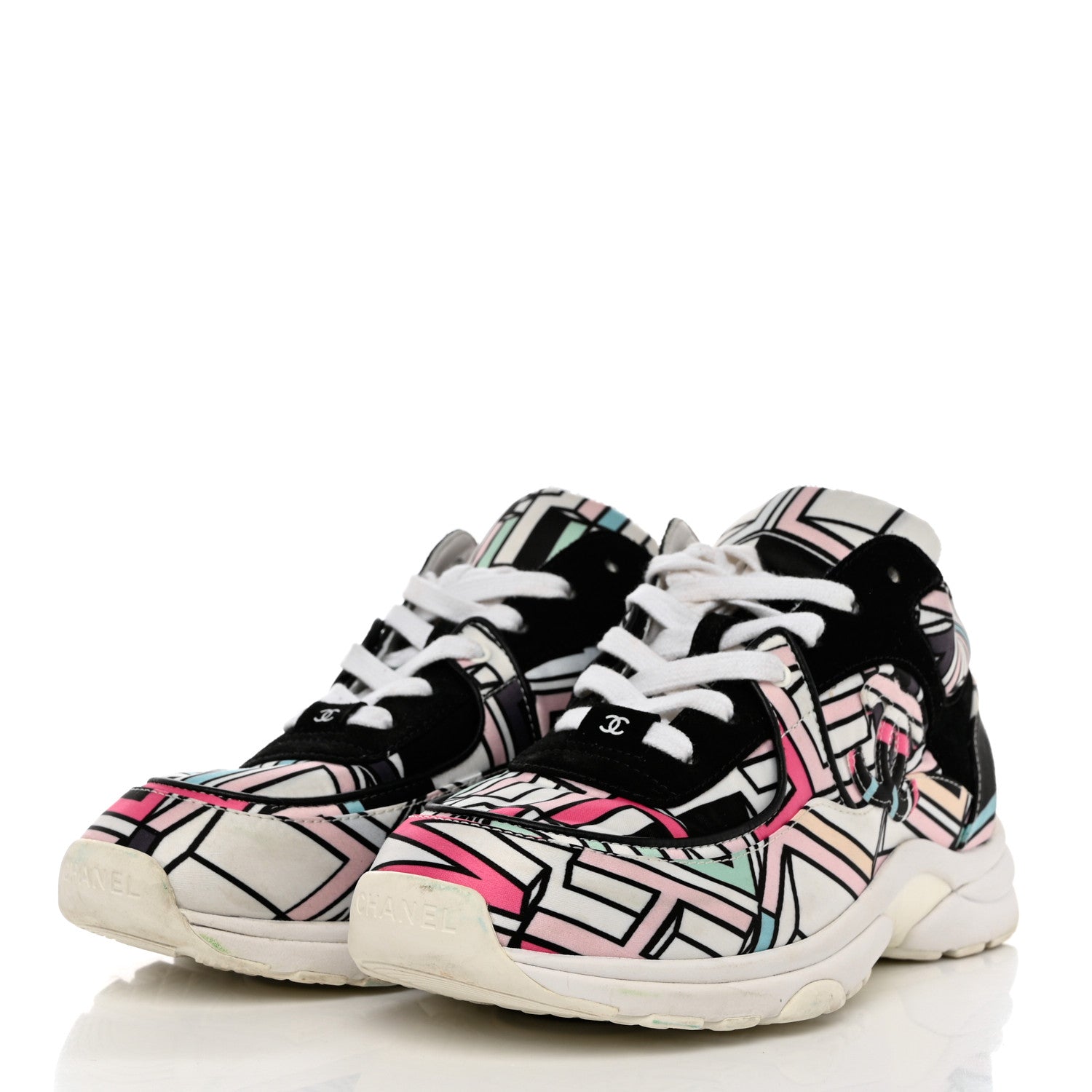Chanel Suede Calfskin Nylon Geometric Print CC Sneakers 40 White Multicolor 3 of 8