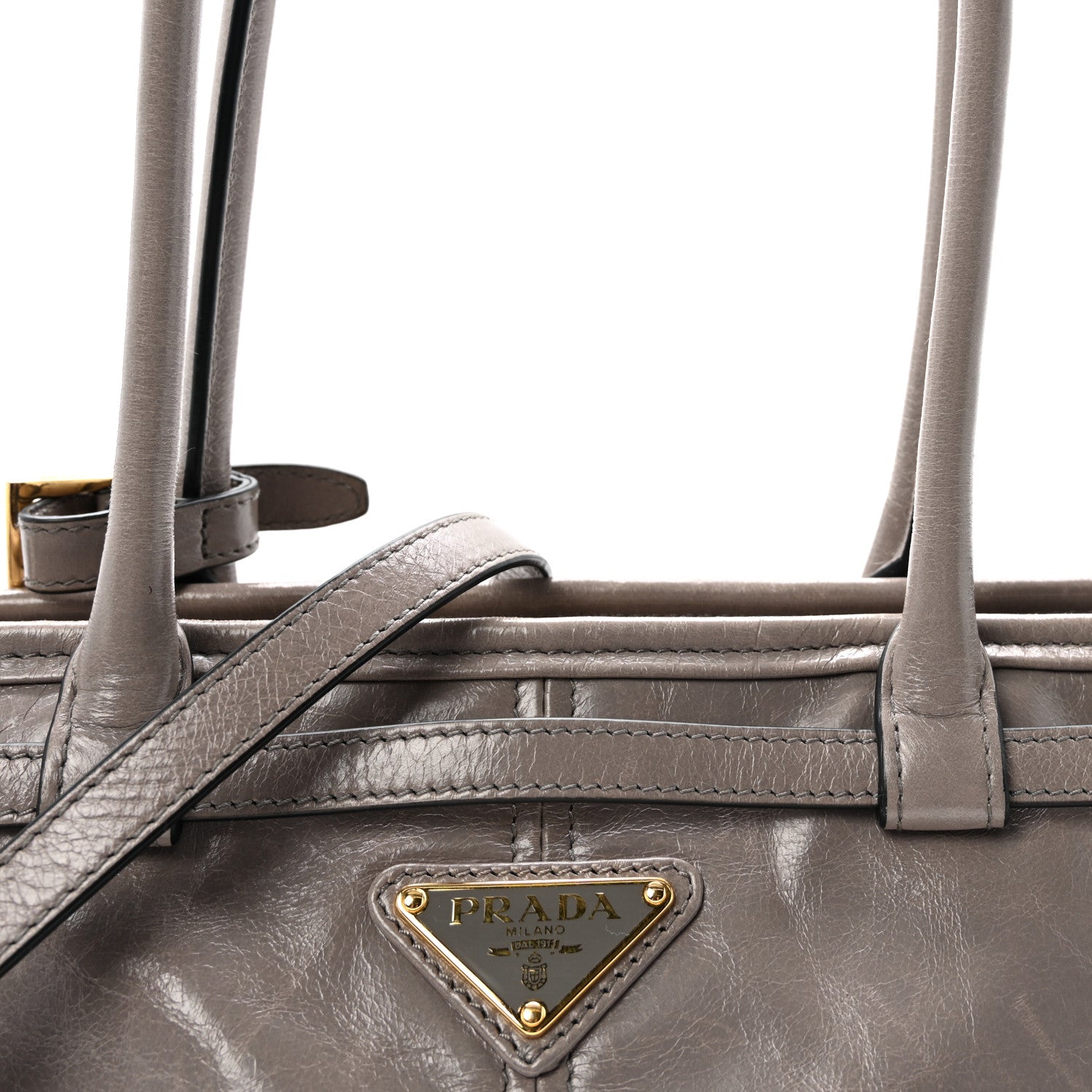 Prada Glossy Calfskin Triangle Medium Bonnie Shoulder Bag Peltro 7 of 9