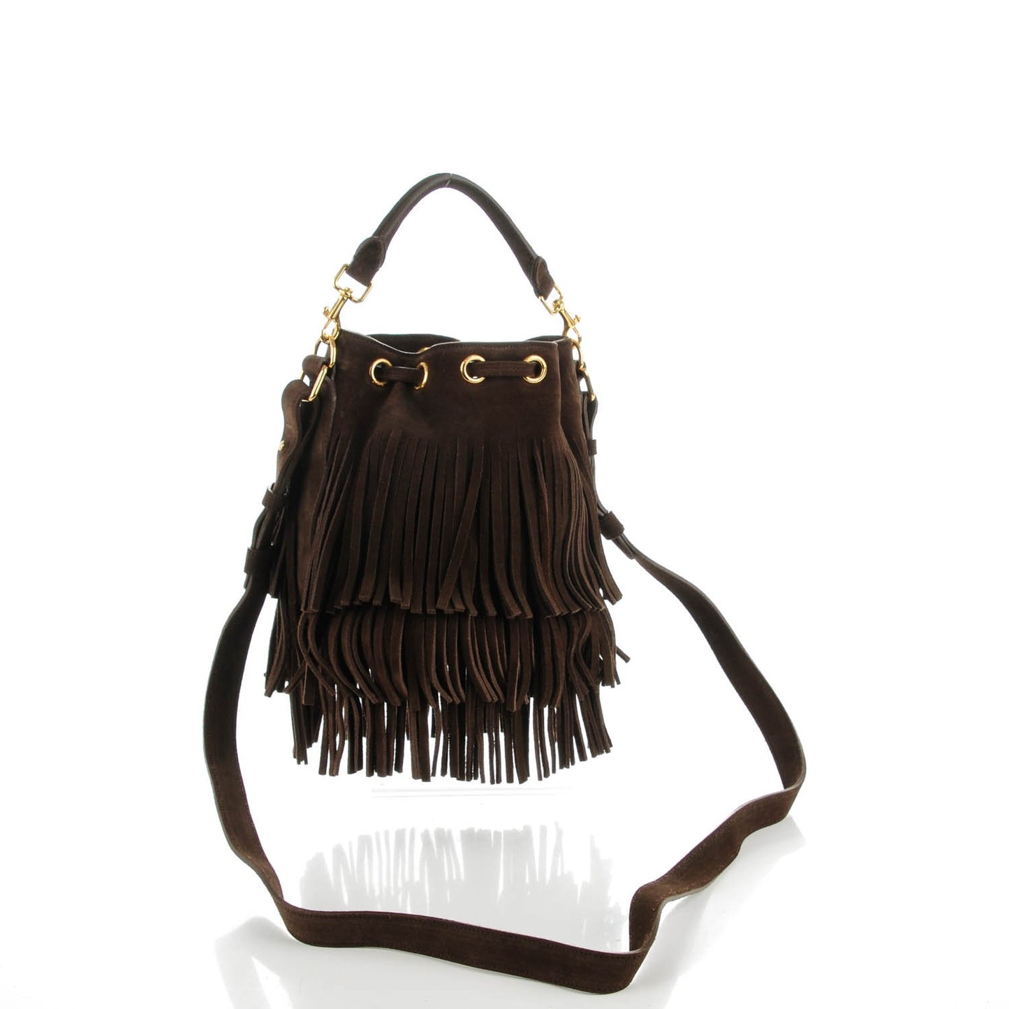 Suede Calfskin Small Emmanuelle Fringe Bucket Bag Brown