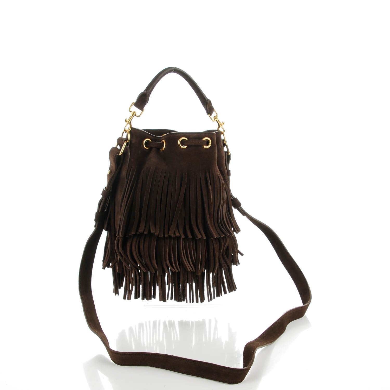 Saint Laurent Suede Calfskin Small Emmanuelle Fringe Bucket Bag Brown 3 of 7