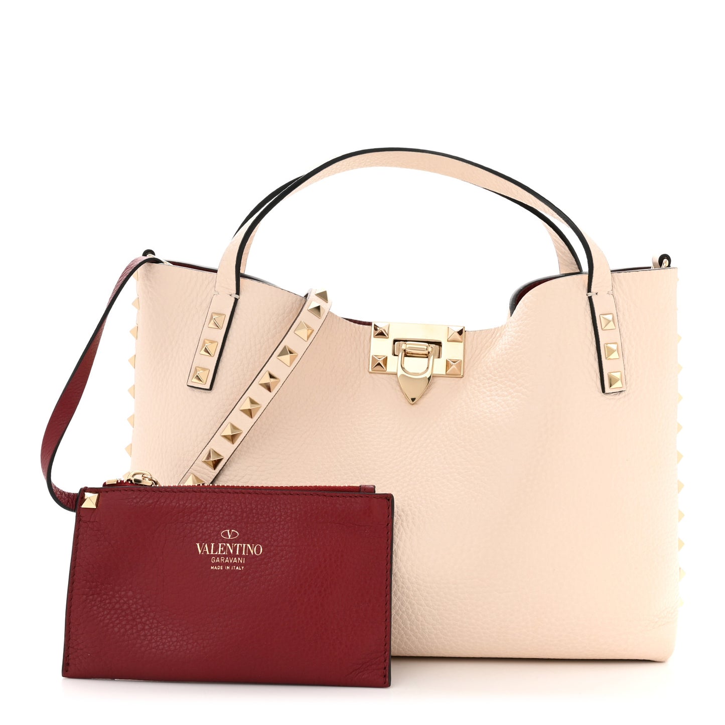 Grained Calfskin Small Rockstud Flip Lock Tote Light Ivory Rubino
