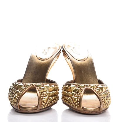 Gucci Calfskin Studded Peep Toe Mules 6.5 Gold 2 of 17