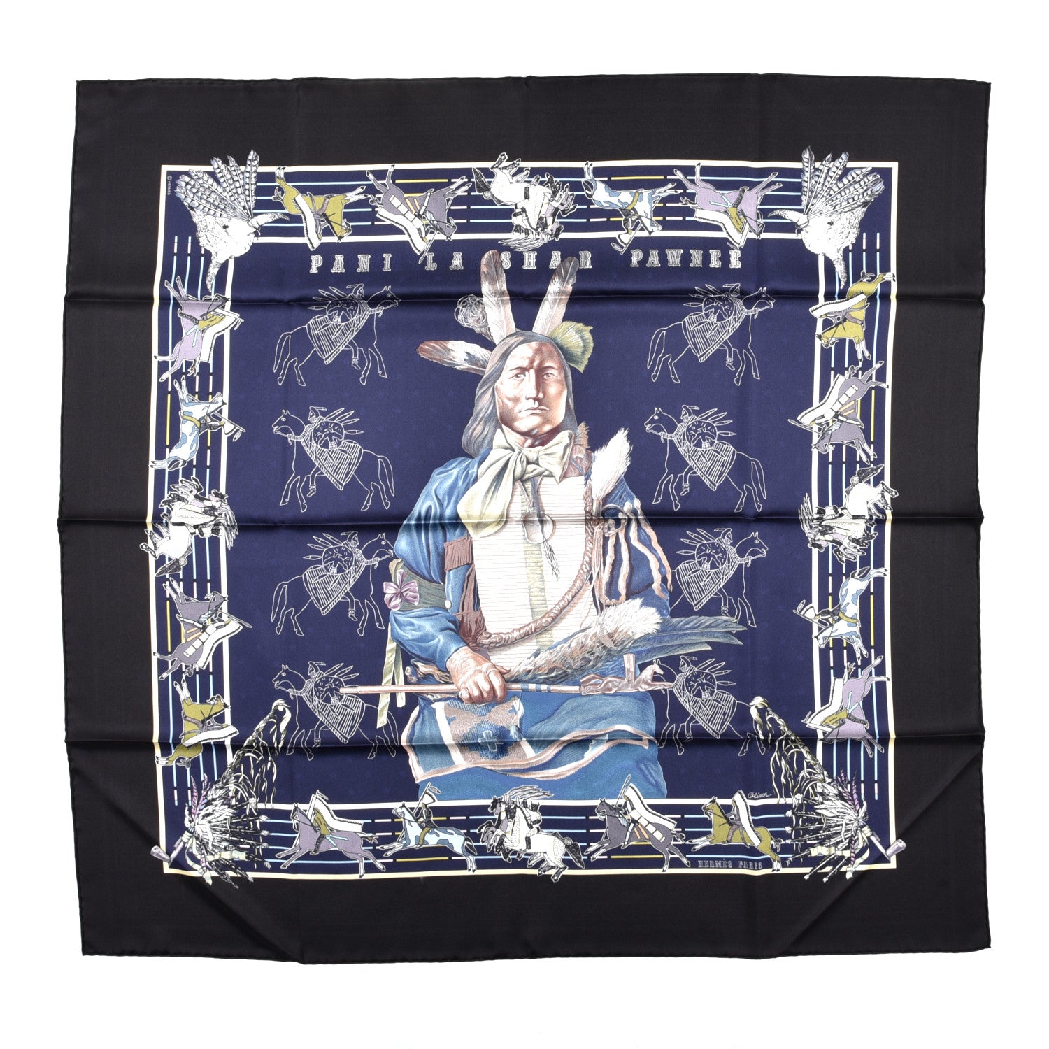 Hermes Silk Double Face Pani La Shar Pawnee Scarf 90 Black Marine 1 of 8
