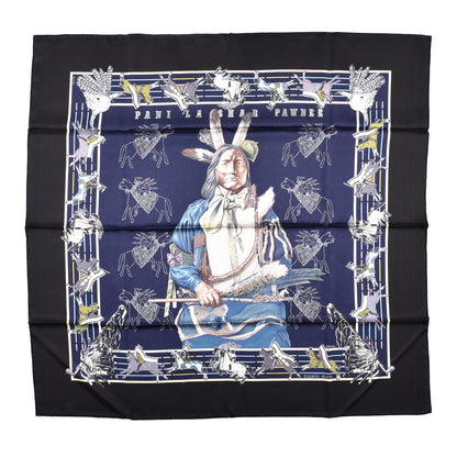 Hermes Silk Double Face Pani La Shar Pawnee Scarf 90 Black Marine 1 of 8