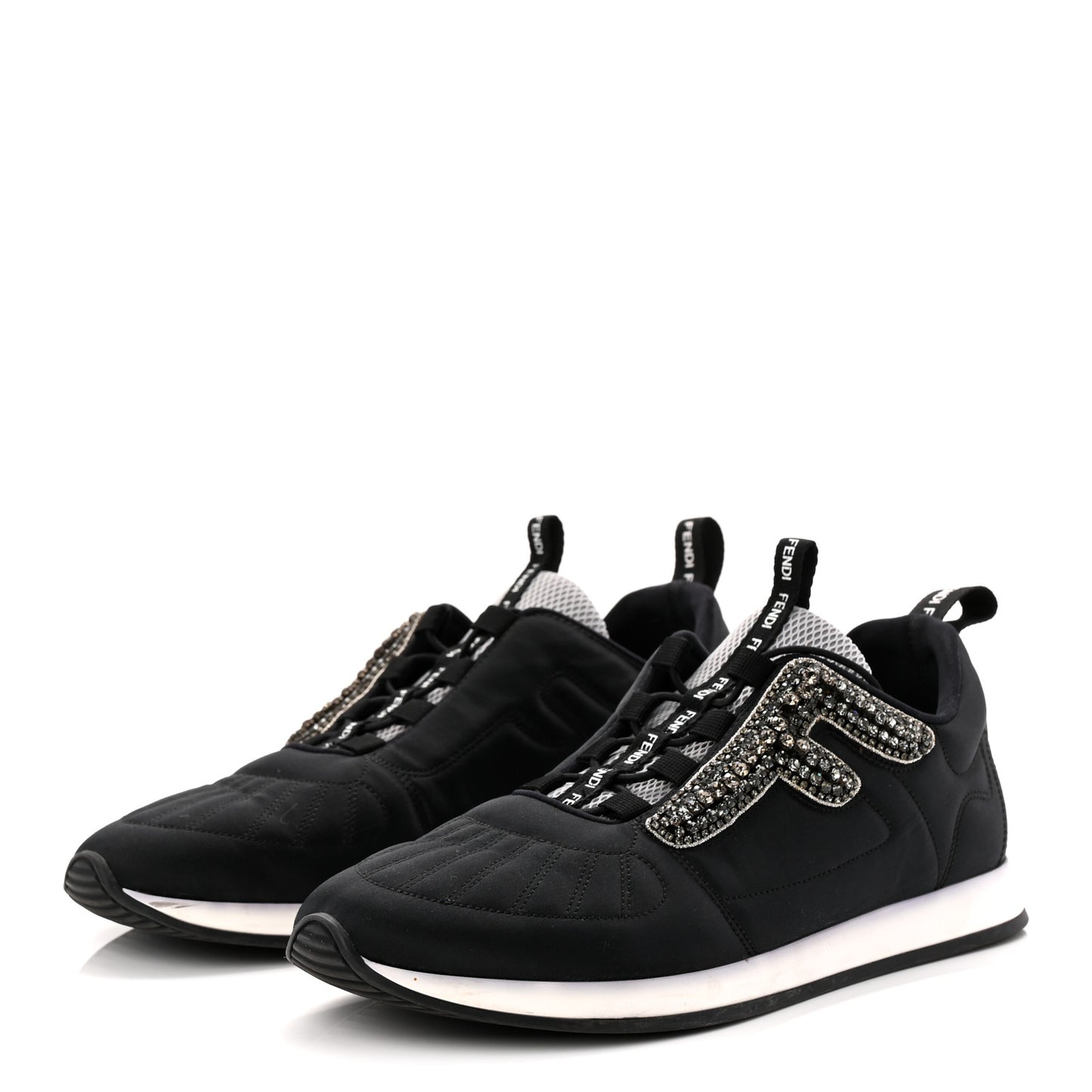 Stretch Satin Crystal Embellished FFreedom Sneakers 38 Black