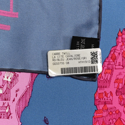 Hermes Silk Twill La Cite Cavaliere Scarf 90 Bleu Jean Rose Gris 5 of 5