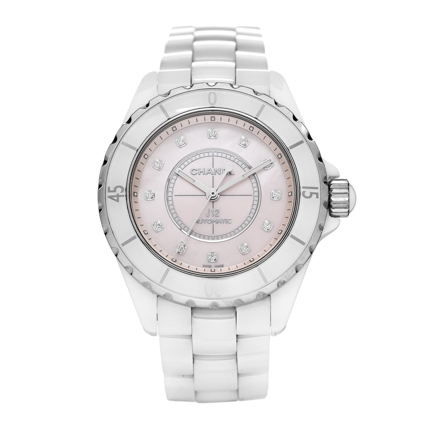 Stainless Steel Ceramic Diamond Pink Mother of Pearl 38mm J12 Automatic Watch White