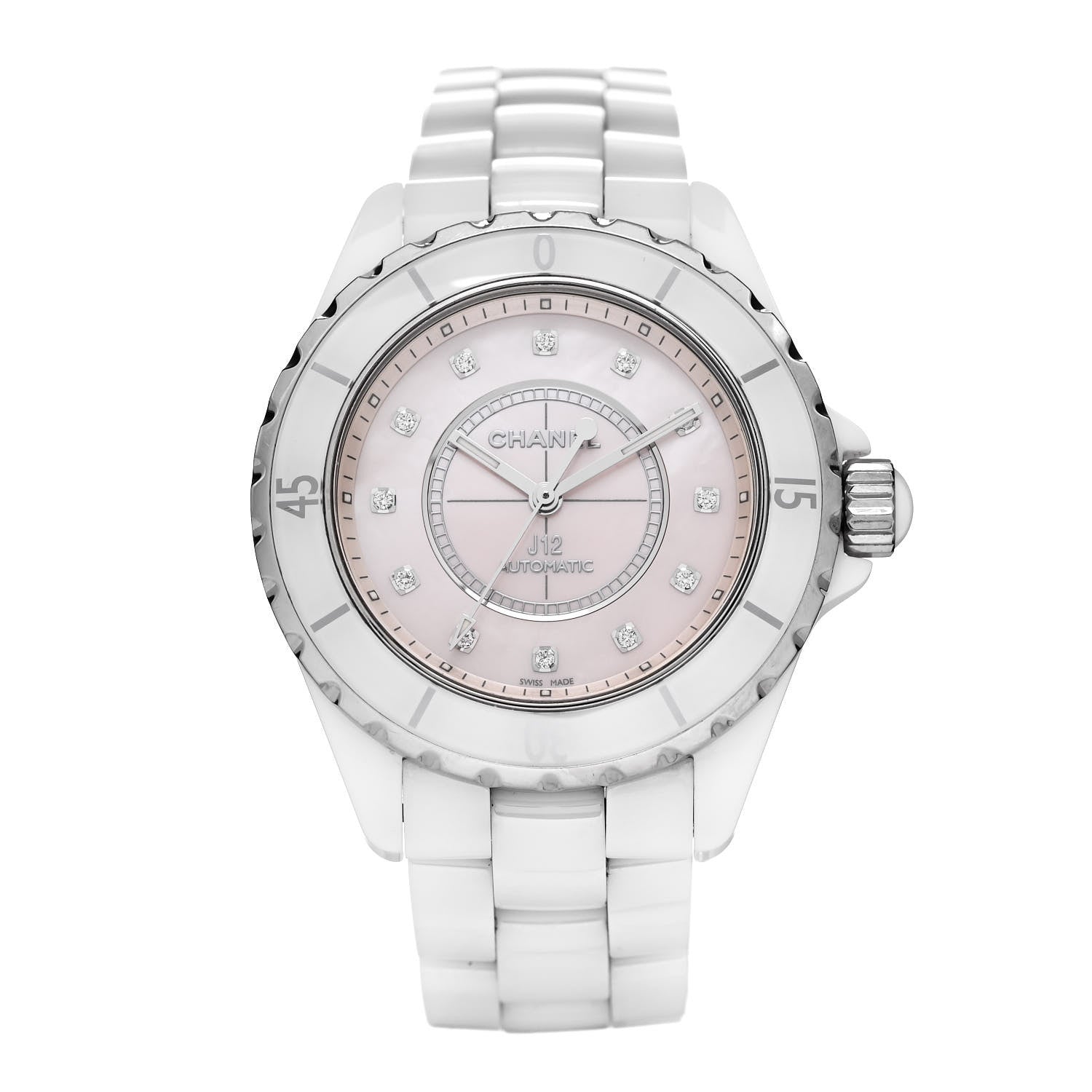 Chanel Stainless Steel Ceramic Diamond Pink Mother of Pearl 38mm J12 Automatic Watch White 1 of 4
