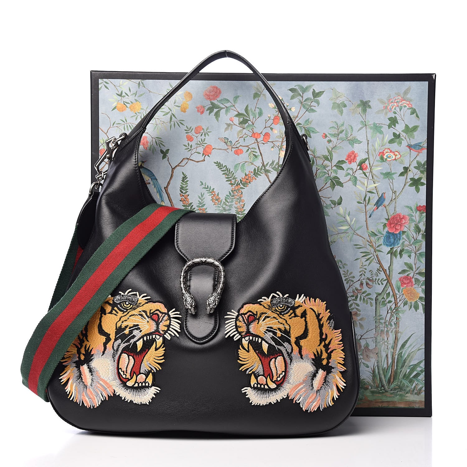 Gucci Calfskin Web Tiger Embroidered Large Dionysus Hobo Black 15 of 15