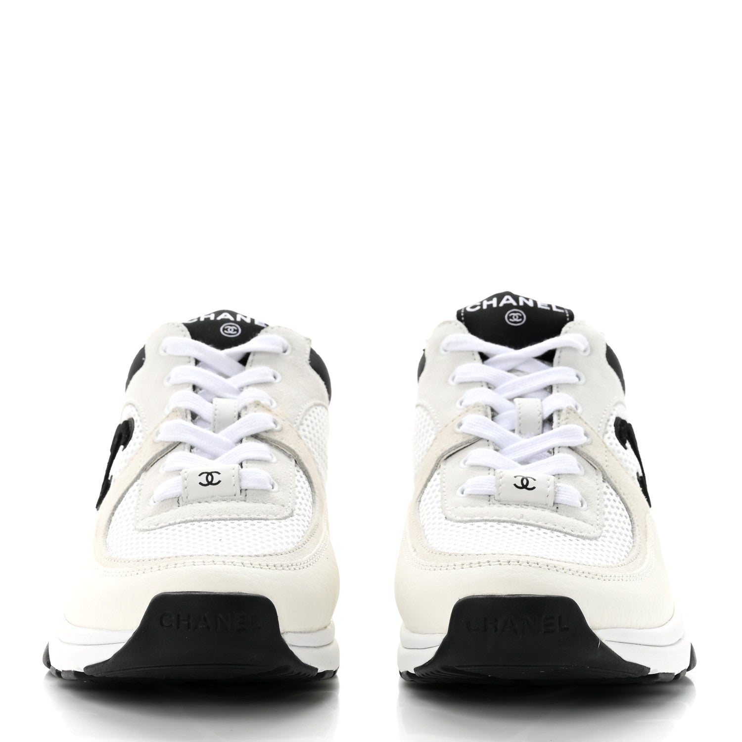 Chanel Mesh Suede Calfskin Grained Calfskin Womens CC Sneakers 37.5 White Black 2 of 7