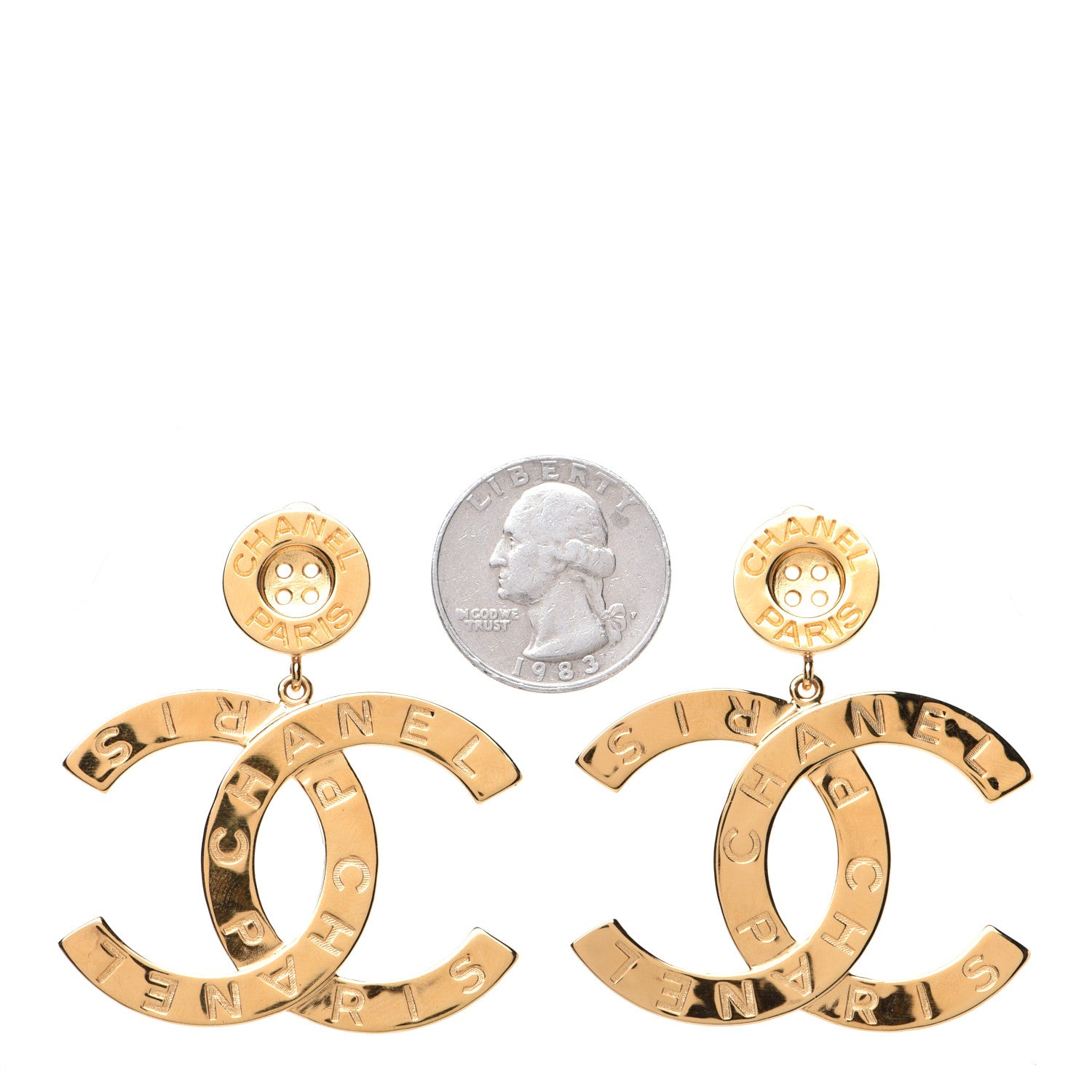 Chanel Metal Large Paris Button Earrings Gold 2 of 5