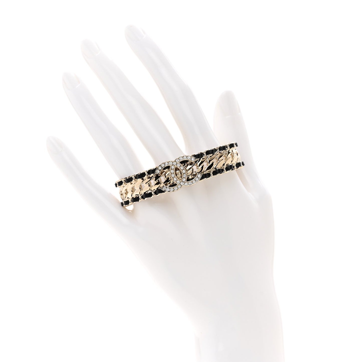 Metal Crystal Lambskin Chain CC Cuff Bracelet Gold Black