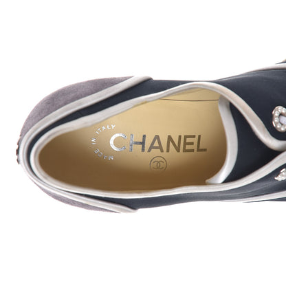 Chanel Silk Crepe Suede Calfskin Lace Up Wedge Espadrilles 36.5 Navy Grey 9 of 10